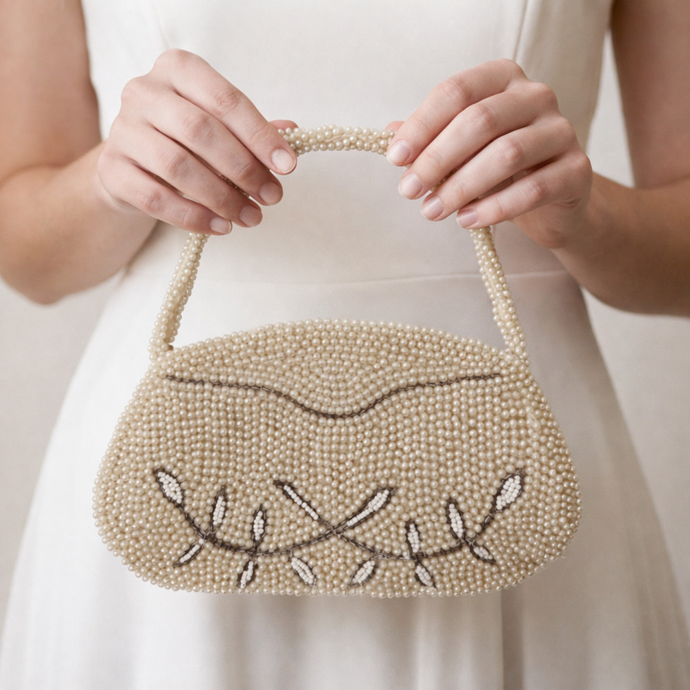 Pearl Beaded Clutch Handbag - Cream
